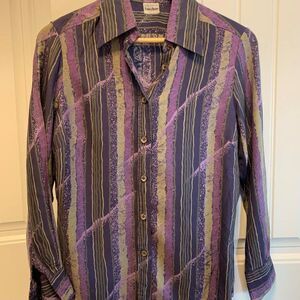Hauber women's blouse/shirt, sz M, deep purple, sage, EUC, 100% viscose